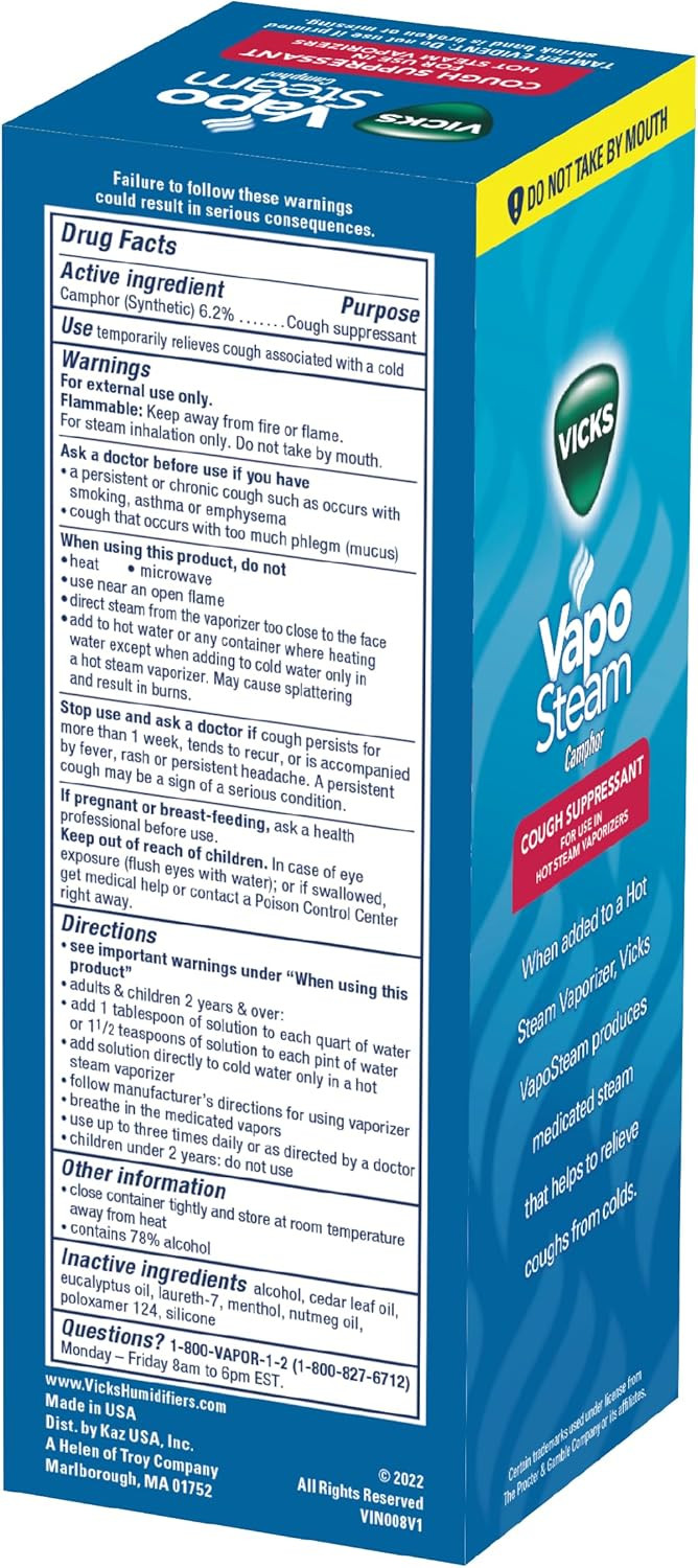 Vicks Vaposteam Medicated Liquid With Camphor, A Cough Suppressant, Helps Relieve Coughing, For Use In Vicks Vaporizers And Humidifiers, Fsa And Hsa Eligible, 8 Oz