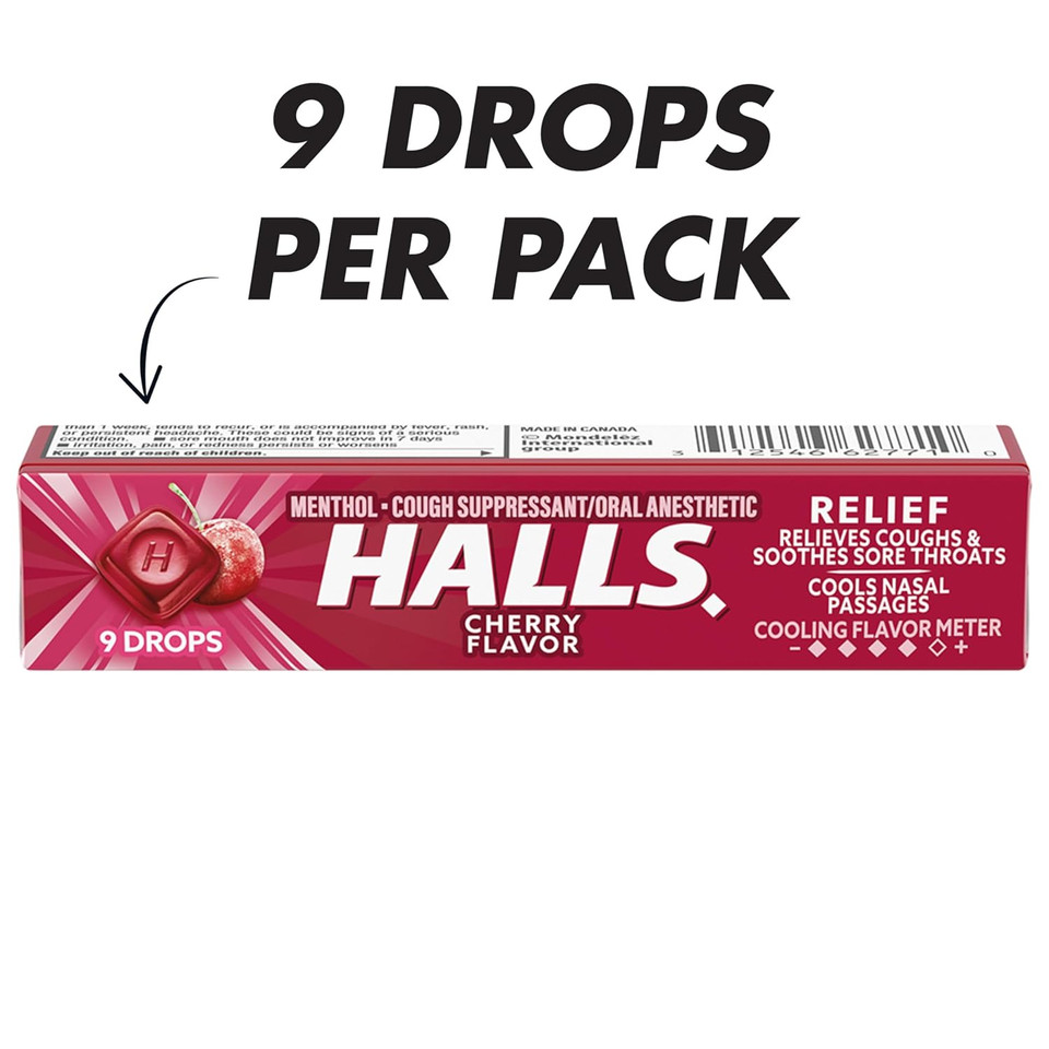 Halls Halls Cherry Cough Drops - With Menthol - 180 Drops (20 Sticks Of 9 Drops), 20 Count