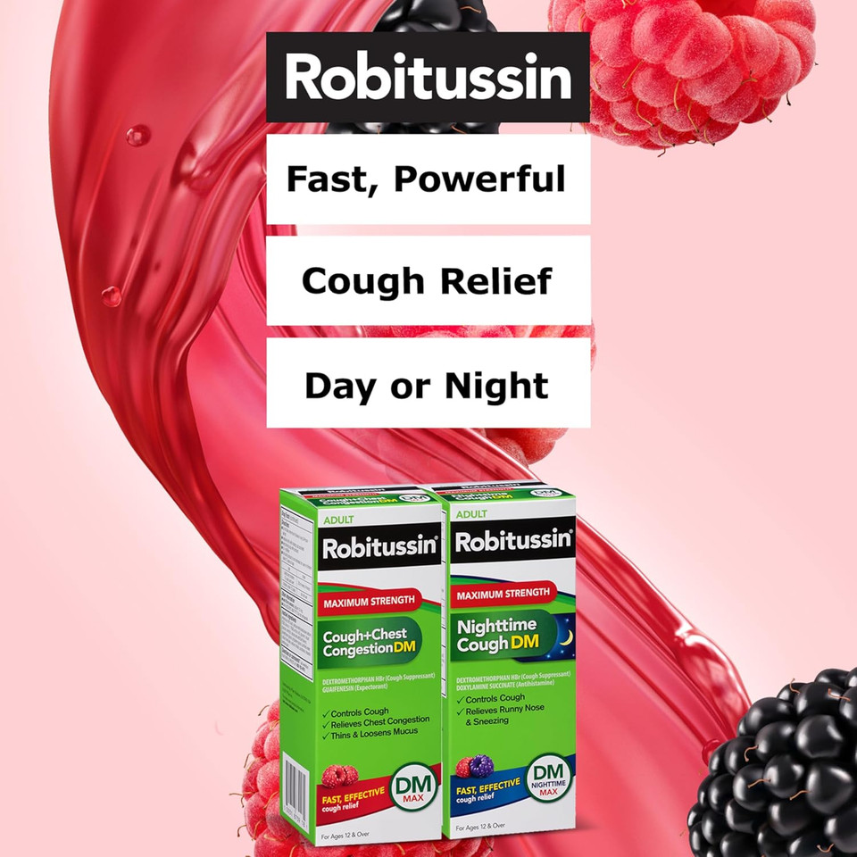 Robitussin Dm Max Cough Plus Chest Congestion And Robitussin Maximum Strength Nighttime Cough Dm, Adult Formulas - 2 X 8 Fl Oz Bottles