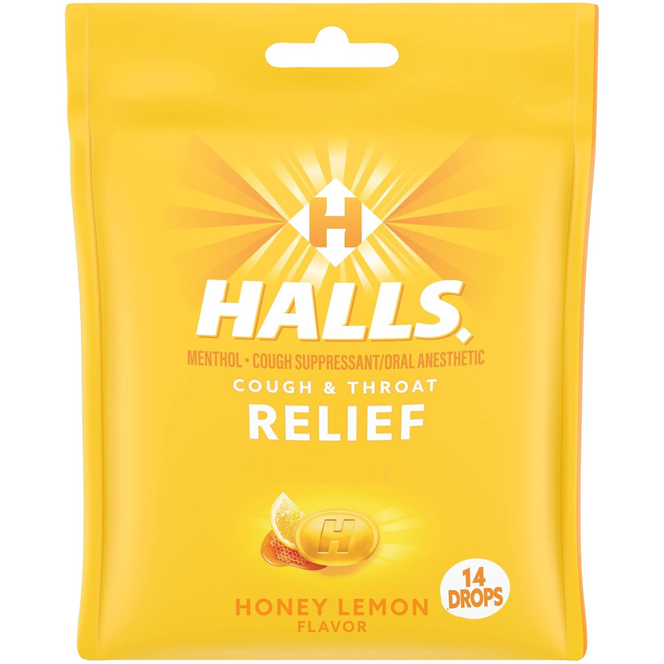 Halls Relief Honey Lemon Cough Drops, 14 Drops