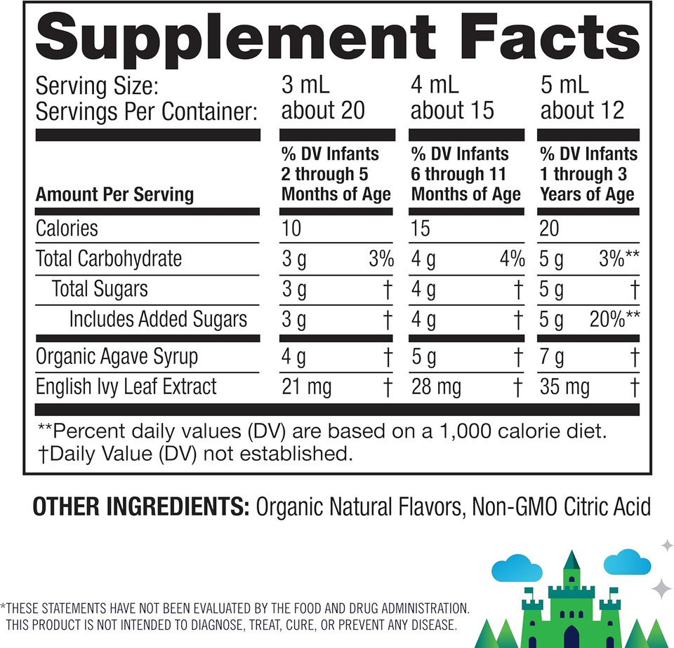 Kindermed Infants' Nighttime Cough, Organic Agave Syrup, English Ivy Leaf Extract, Chamomile Tea Extract, No Dyes, No Artificial Flavors Or Sweeteners, Ages 2 Months+, Natural Cherry Flavor (2 Fl Oz)