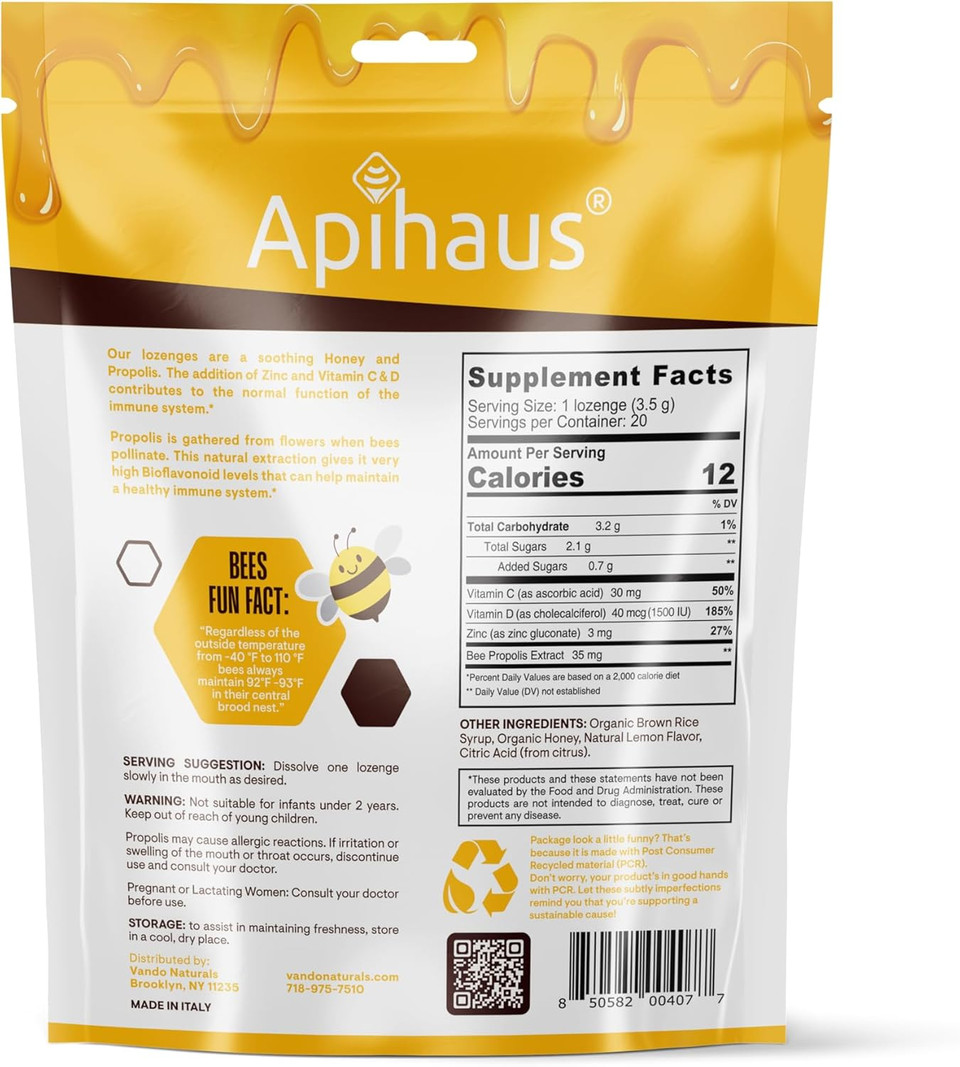 Honey And Propolis Lozenges Lemon Flavor, Freshens Breath - Soothes A Throat- Immune Support With Vitamin C, Vitamin D And Zinc, 20 Count