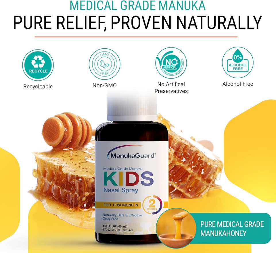 Manukaguard Kids Sinus Nasal Spray- Manuka Honey And Saline Solution For Kid And Baby Nose Rinse, Sinus Congestion Support, Moisturizing, New Zealand Honey, Mgo 400