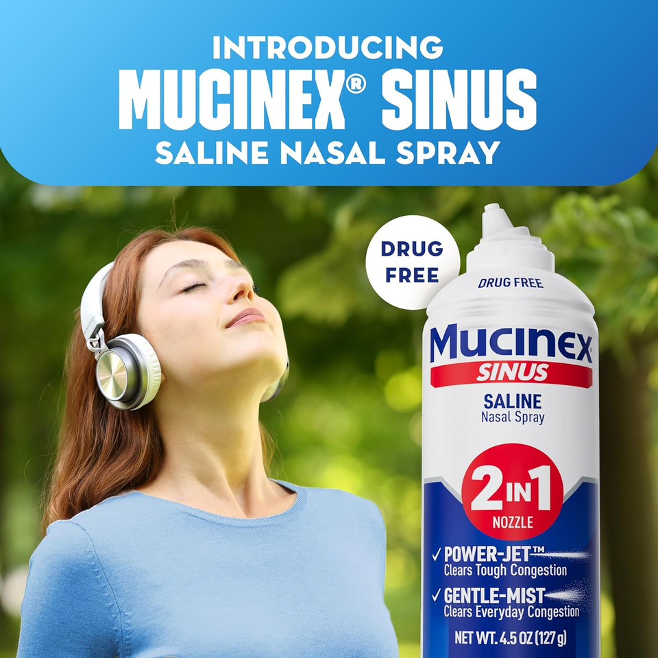 Mucinex Sinus Saline Nasal Spray & Sinus Rinse, Drug-Free, Additive Free, Non-Drowsy Nasal Irrigation With 2-In-1 Jet + Mist Spray Nozzle For Cold & Allergy Season, 4.5Oz Saline Solution Spray