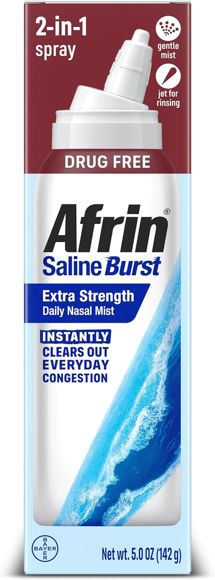 Afrin Saline Burst Extra Strength Daily Saline Mist, Nose Spray For Nasal Congestion, Hypertonic Seawater Saline Nasal Rinse With Dual Nozzle, Drug Free Sinus Rinse For Nasal Irrigation, 5 Oz