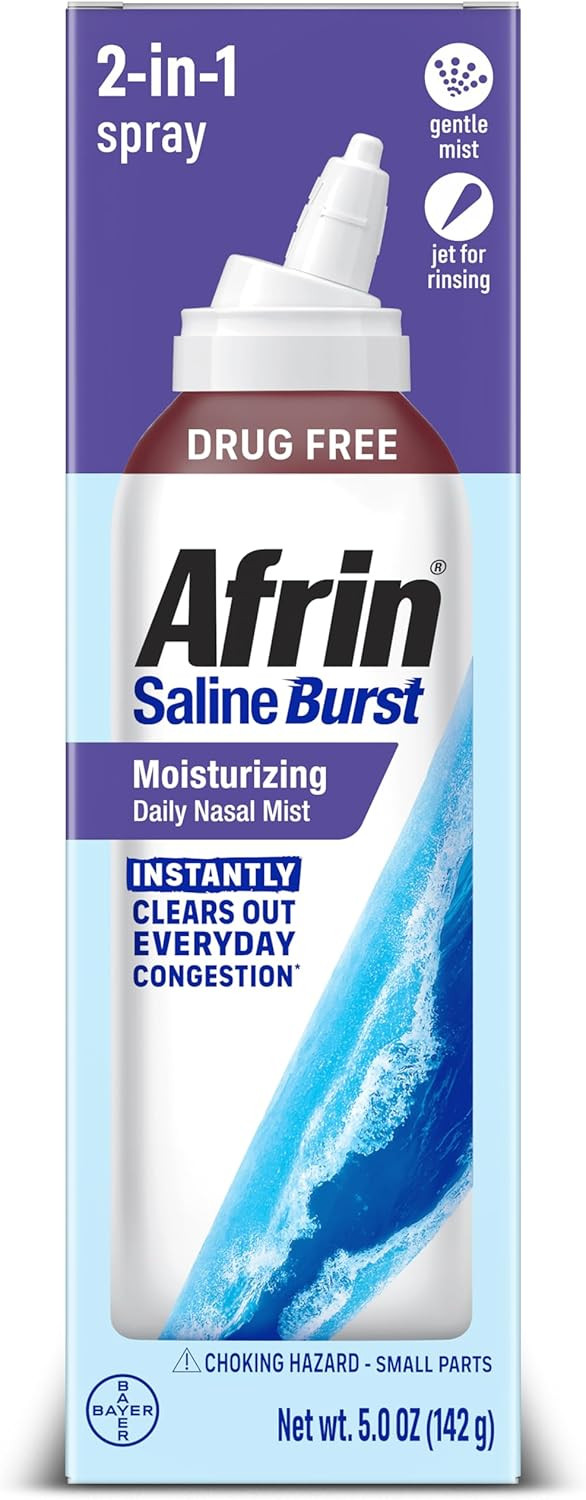 Afrin Saline Burst Moisturizing Daily Mist, Drug Free Isotonic Seawater Saline Nasal Spray With Dual Nozzle For Everyday Congestion And Dry Nose, Sinus Rinse For Nasal Irrigation, 5Oz