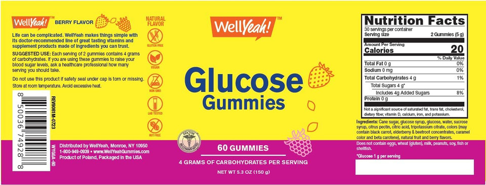 Glucose Gummies - 4 Grams Of Carbohydrates- Natural Sourced Flavors - Chewable Gummy For Men And Women, Non-Gmo, Gluten Free - 60 Count