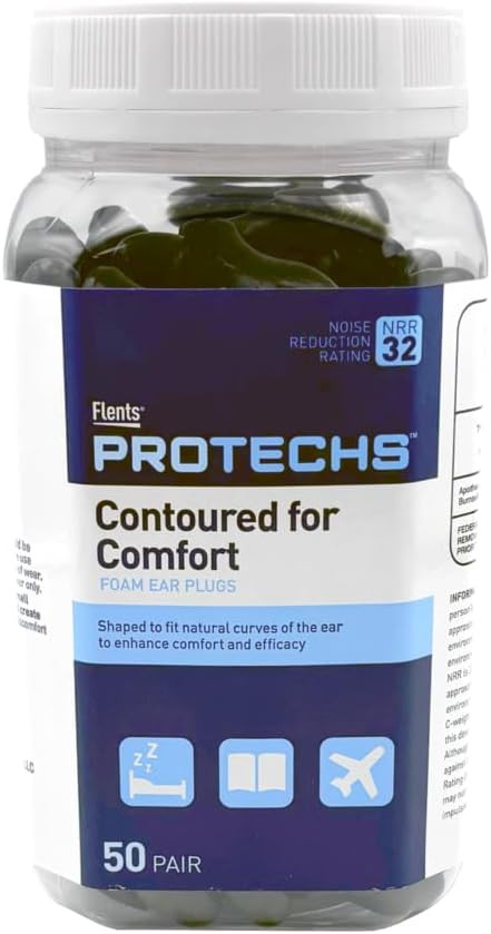 Flents Protechs Contoured For Comfort Foam Ear Plugs, Soft & Comfortable Hearing Protection For Work, Construction, Heavy Machinery, Studying, Travel & Sleep, Nrr 32, Easy To Use, Blue, 50 Pairs