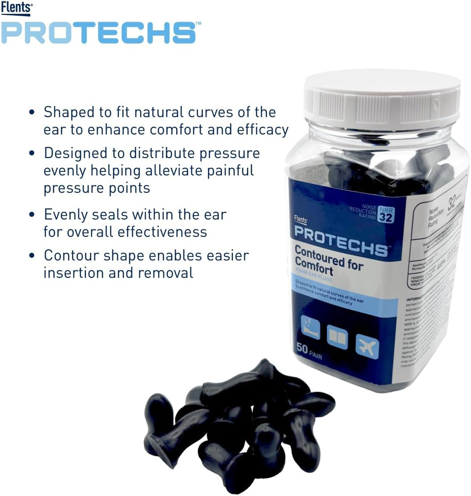 Flents Protechs Contoured For Comfort Foam Ear Plugs, Soft & Comfortable Hearing Protection For Work, Construction, Heavy Machinery, Studying, Travel & Sleep, Nrr 32, Easy To Use, Blue, 50 Pairs