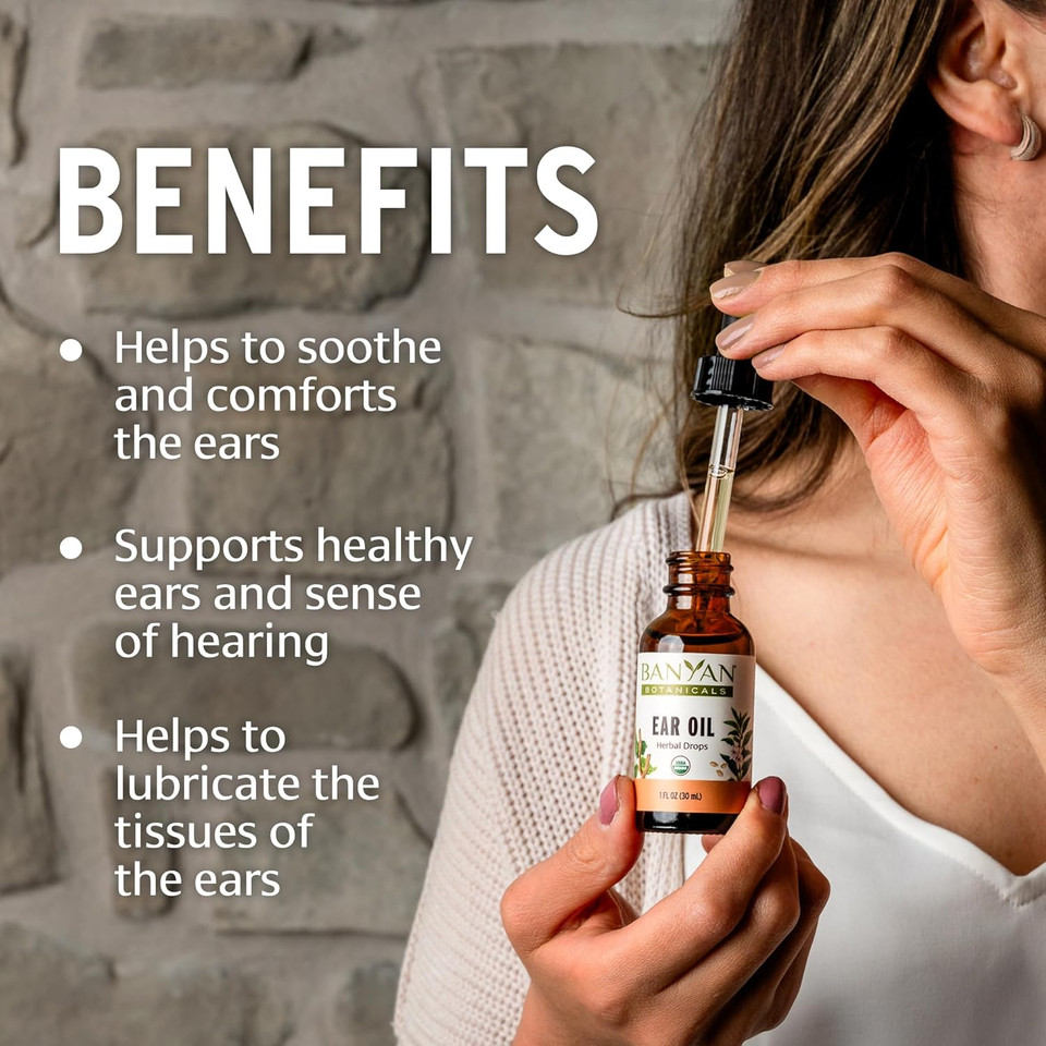 Banyan Botanicals Ear Oil  Organic Herbal Oil Ear Drops With Ashwagandha And Garlic  Soothing And Comforting For The Ears  1 Oz  Non Gmo Sustainably Sourced Vegan