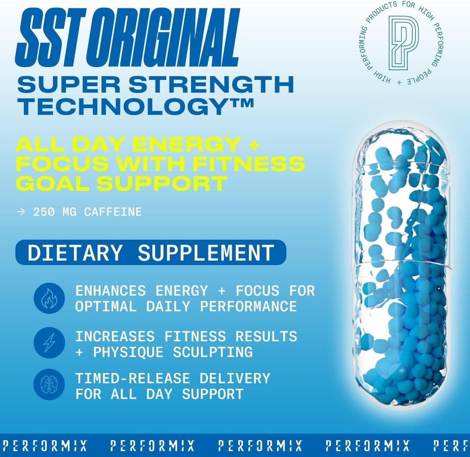 Performix - Sst Original - Pre Workout - 250 Mg Caffeine - Energy Supplements - No Crash - Fitness Goals - Nootropic - Timed-Release For All Day Focus, Mood & Energy Boost - Men & Women - 60 Capsules