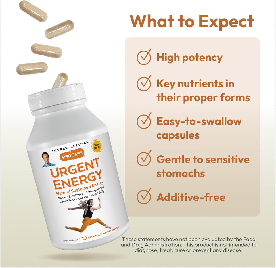 Andrew Lessman Urgent Energy 30 Capsules - Provides A Safe, Healthy Means Of Enhancing Energy Levels And Feelings Of Well-Being, Green Tea, Guarana, Ginseng, Royal Jelly, Ashwagandha, B-Complex