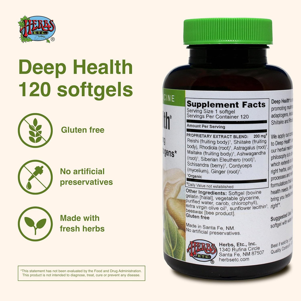 Herbs Etc. Deep Health - Daily Use Adaptogen Supplement - Aids Immune Health & Energy - With Reishi Mushroom - 60 Softgels (60 Servings)
