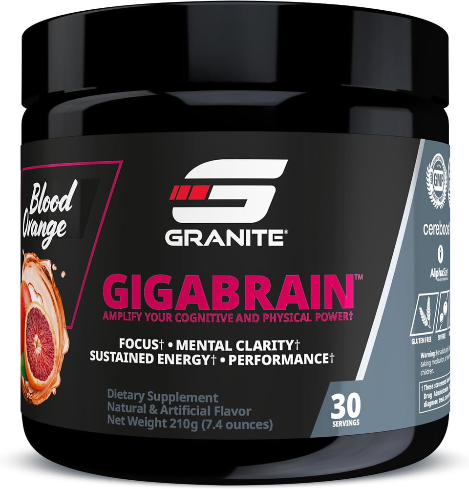 Granite Nutrition Gigabrain Nootropic Energy Powder  Cereboost, Alpha-Gpc & Elevatp  Cognitive Focus Supplement For Sustained Energy & Performance  Blue Crush, 30 Servings