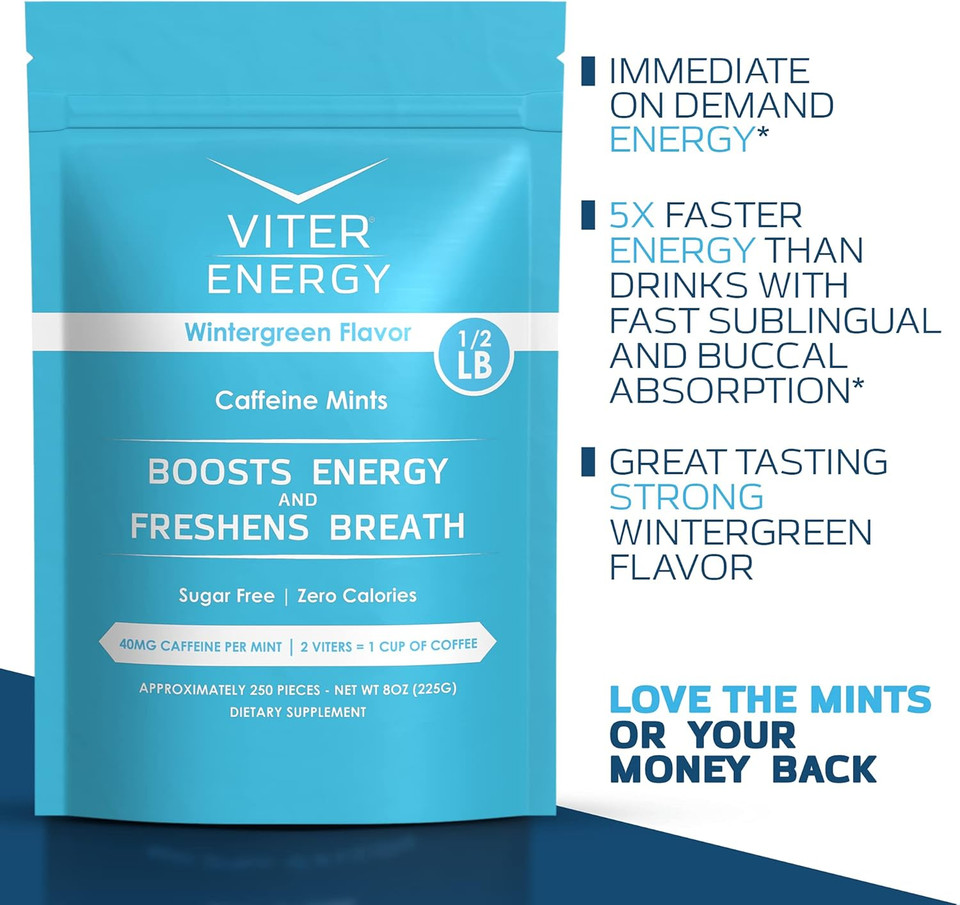 Viter Energy 40Mg Caffeine Mints - Sugar Free, B Vitamins, Vegan, Boosts Fast Energized Alert Focus, Caffeinated Nootropic Supplement Pills (Wintergreen Flavor, 8Oz, Bulk Bag)