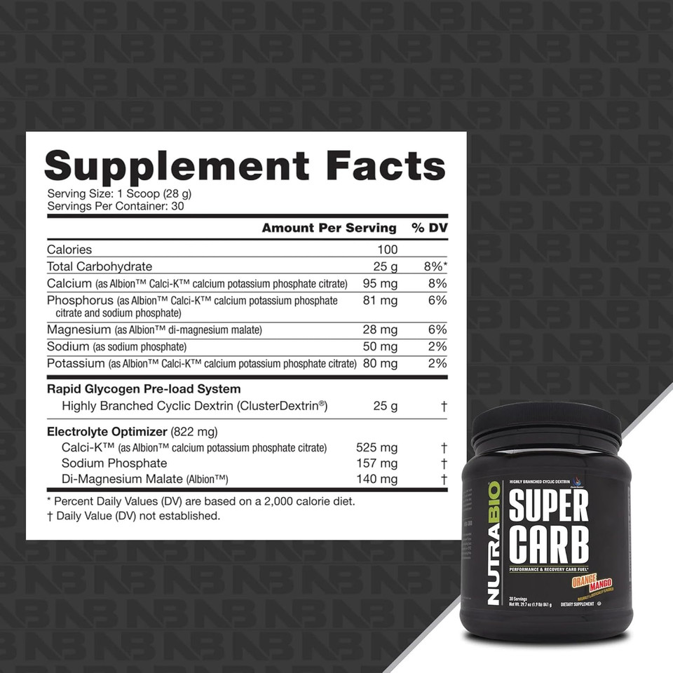 Nutrabio Super Carb, Carbohydrate Powder With Cluster Dextrin & Electrolytes, Advanced Carb Supplement Powder For Workout Fuel, Performance, And Muscle Recovery, Cyclic Dextrin, Orange Mango, 30 Sv