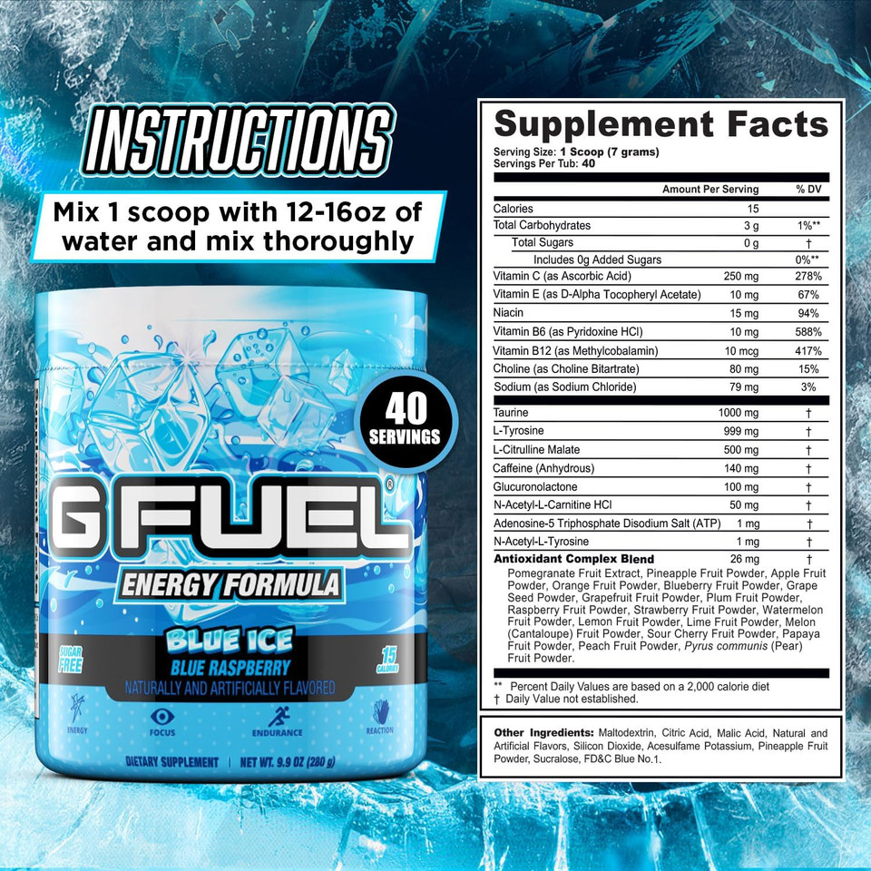 G Fuel Blue Ice Energy Drink Powder, Pre Workout Caffeine Mix For Gaming, Sugar Free Focus Amino, Vitamin + Antioxidants, 9.9Oz (Blue Raspberry, 40 Servings)