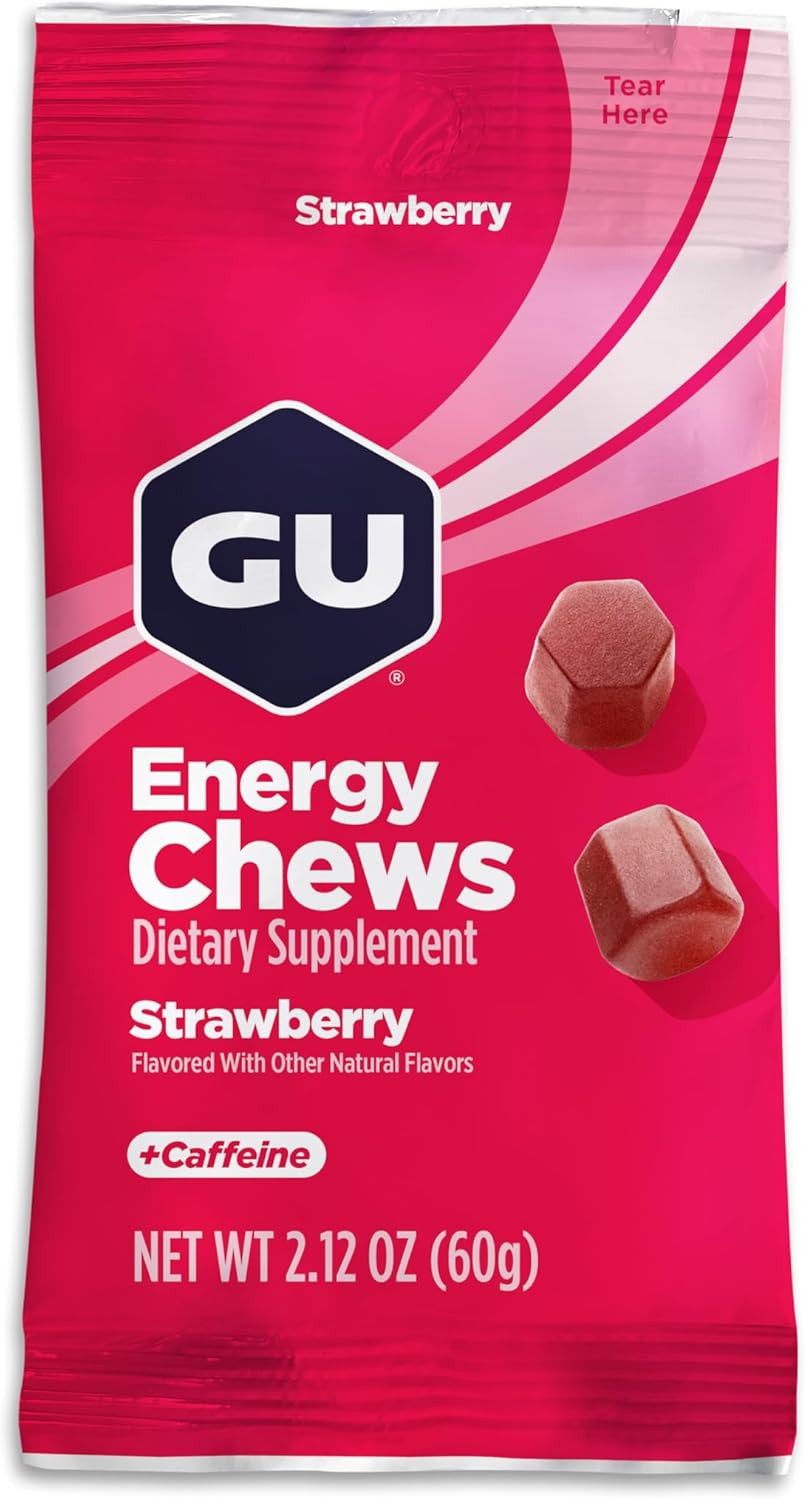 Gu Energy Chews, Strawberry Energy Gummies With Electrolytes, Vegan, Gluten-Free, Kosher, 20 Mg Of Caffeine, And Dairy-Free On-The-Go Energy For Any Workout, 12 Bags (24 Servings Total)