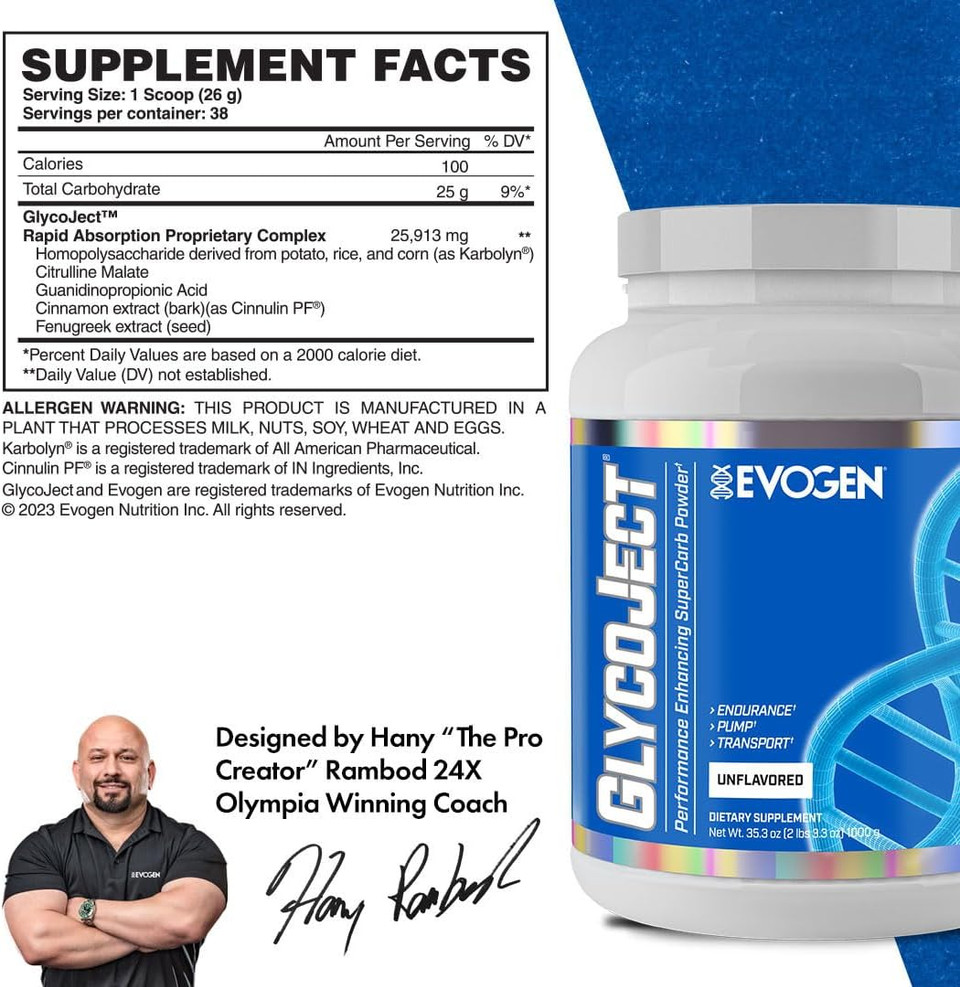 Evogen Glycoject - Super Carb Powder | Rapid Absorption For Preworkout | Carbohydrate Powder For Endurance | Post-Workout Or Pre Workout Powder For Men & Women | Unflavored | 38 Servings