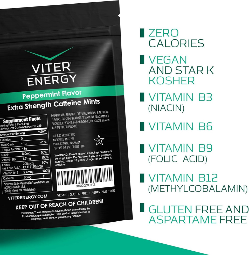 Viter Energy Extra Strength Caffeinated Mints 80Mg Caffeine, B Vitamins, Sugar Free. (Peppermint, 8Oz, Bulk Bag) Viter Energy Extra Strength Caffeinated Mints 80Mg Caffeine, B Vitamins, Sugar Free. (Peppermint, 8Oz, Bulk Bag)