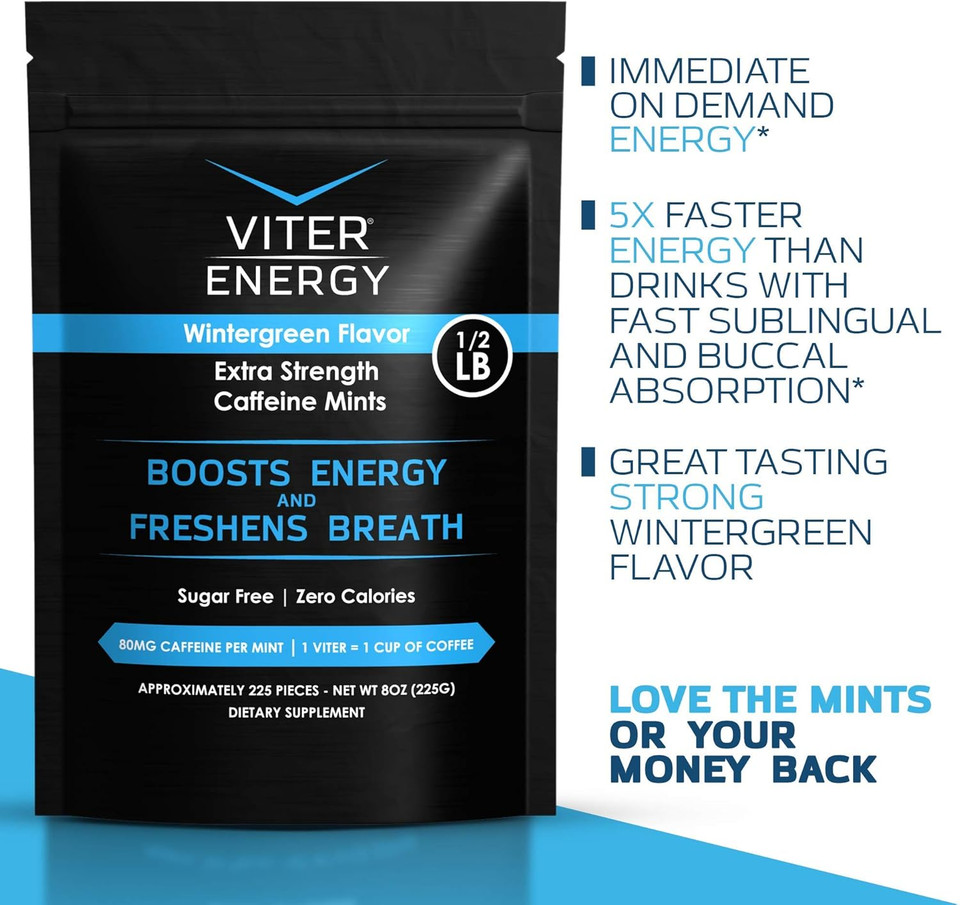 Viter Energy Extra Strength Caffeinated Mints 80Mg Caffeine, B Vitamins, Sugar Free. (Wintergreen, 8Oz, Bulk Bag)