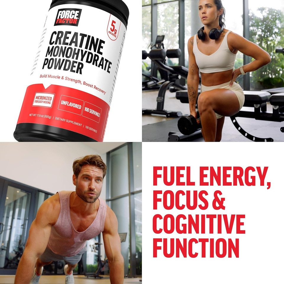 Force Factor Creatine Monohydrate Powder, 5G Micronized Dose To Support Muscle Growth, Strength, Recovery, Cognitive Health & Memory, Unflavored, 200 Servings