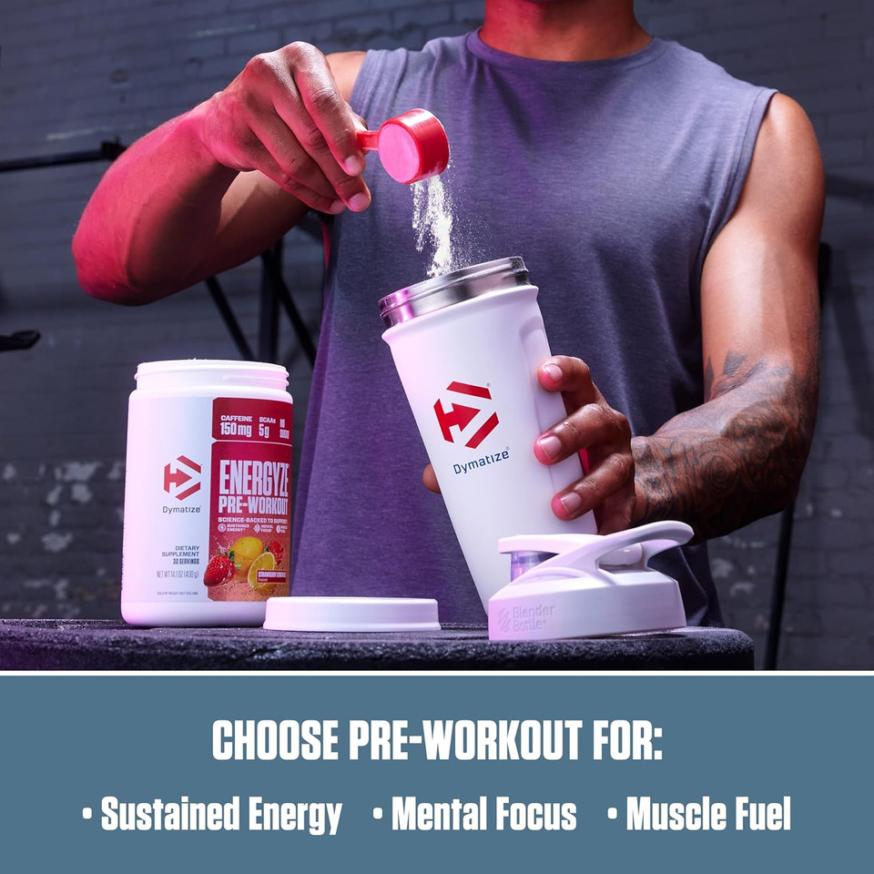 Dymatize Energyze Pre Workout Powder For Men And Women, Lemon Lime Flavor, 150Mg Caffeine, 5G Bcaas, Performance Blend Of L-Theanine, L-Tyrosine, L-Citrulline, No Sugar, 30 Servings