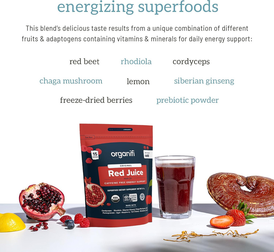 Organifi Red Juice - Energy Powder Reduces Afternoon Crashes And Boosts Digestion And Immune System, 15 Go Packets