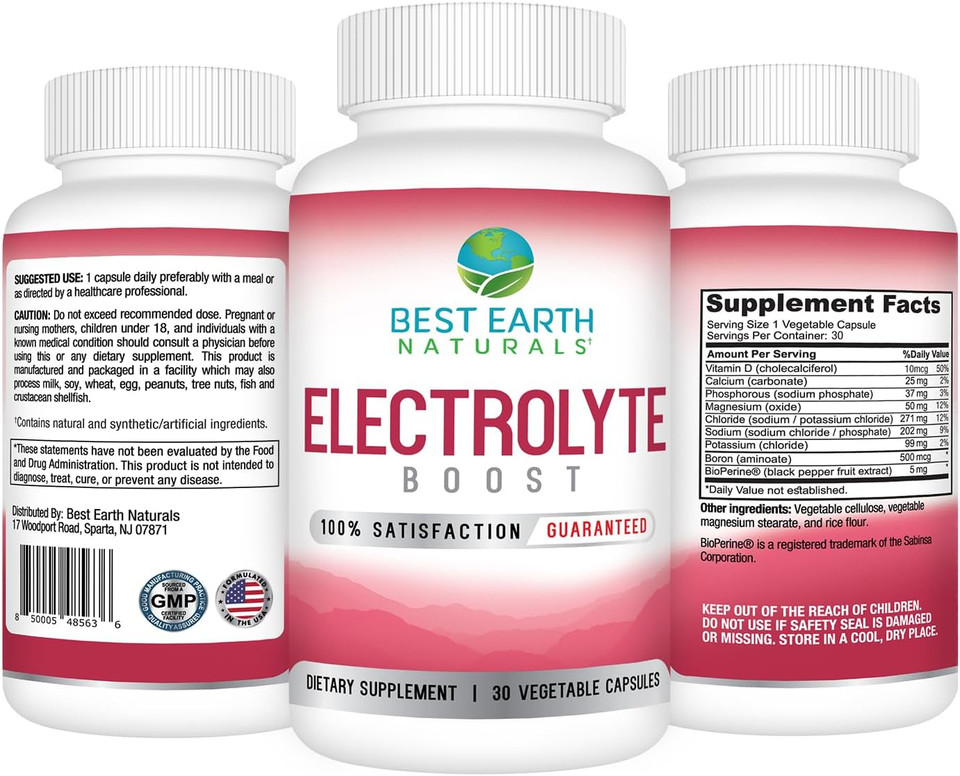 Best Earth Naturals Electrolyte Support Supplement - Support Electrolyte Balance With Vitamin D, Calcium, Magnesium, Sodium, Potassium, Boron And More - 30 Ct. Capsules