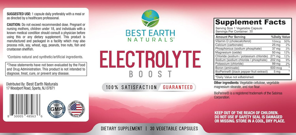 Best Earth Naturals Electrolyte Support Supplement - Support Electrolyte Balance With Vitamin D, Calcium, Magnesium, Sodium, Potassium, Boron And More - 30 Ct. Capsules