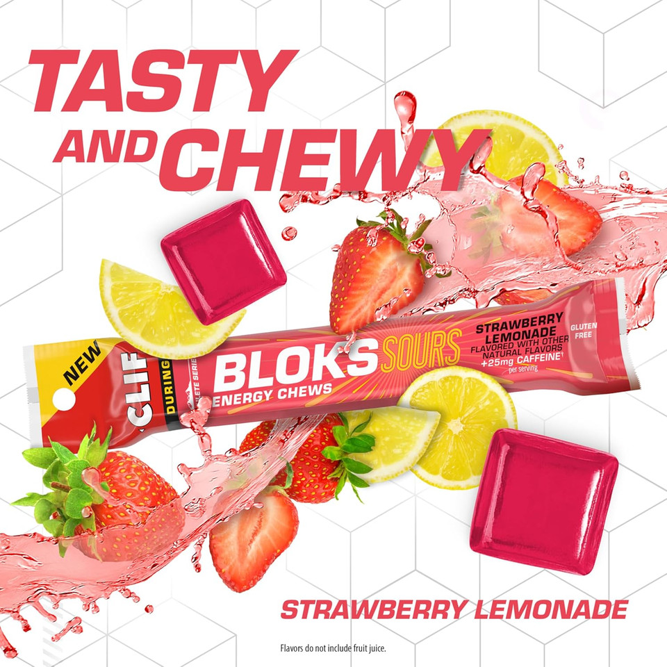 Clif Bloks Sours - Strawberry Lemonade Flavor With Caffeine - Energy Chews - Non-Gmo - Plant Based - Fast Fuel For Cycling And Running - Quick Carbohydrates And Electrolytes - 2.12 Oz. (18 Count)