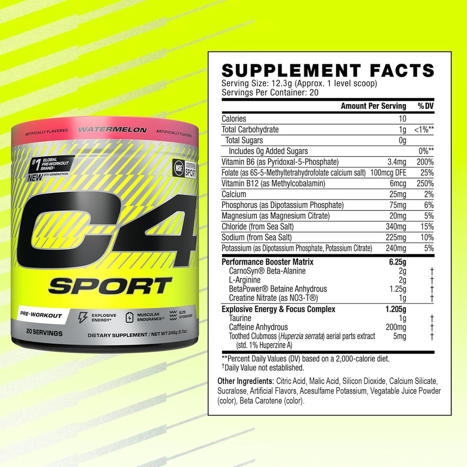 Cellucor C4 Sport Pre Workout Powder - Nsf Certified For Sport - Elite Hydration - 200Mg Caffeine + Creatine + Beta-Alanine - Electrolytes And Energy Supplement - Watermelon, 20 Servings