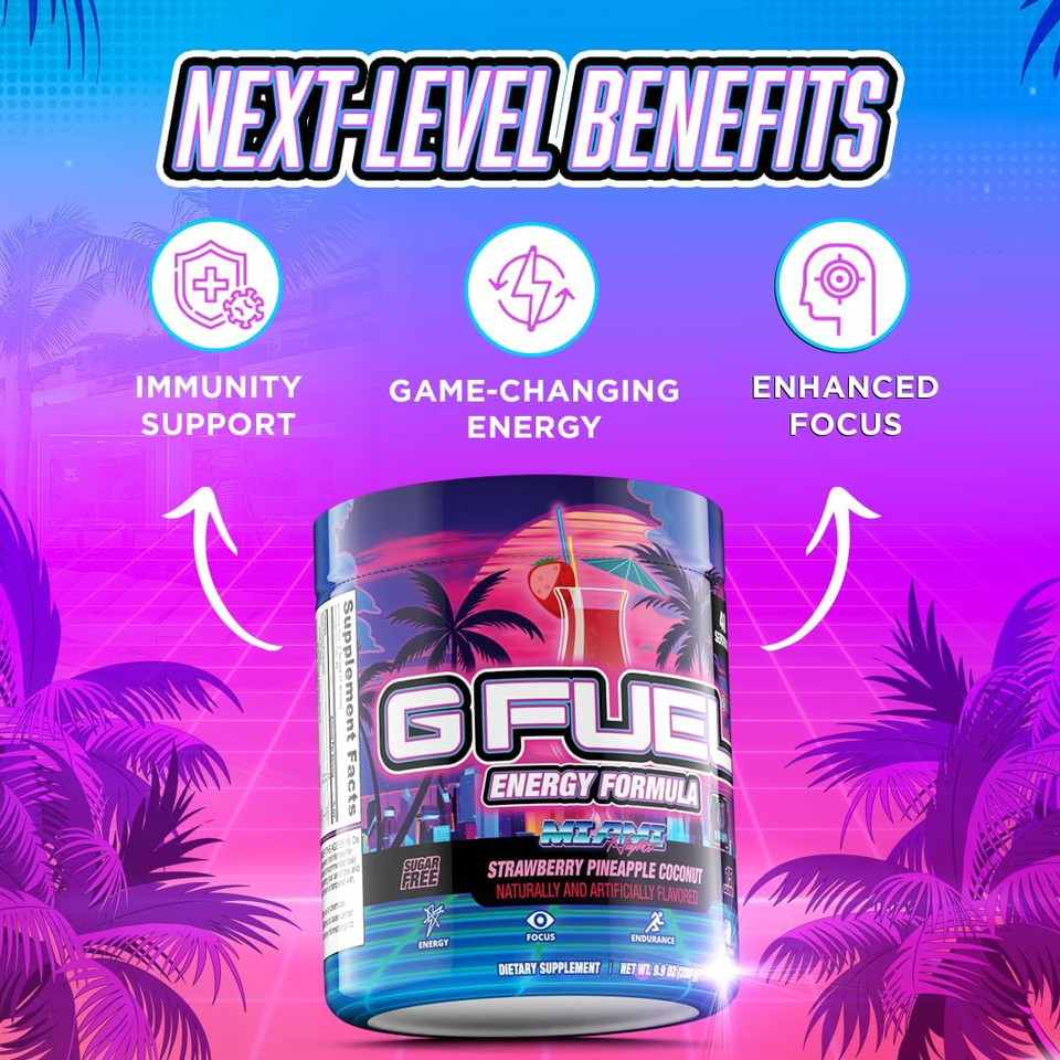 G Fuel Miami Nights Energy Drink Powder, Pre Workout Caffeine Mix For Gaming, Sugar Free Focus Amino, Vitamin + Antioxidants, 9.9Oz (Strawberry Pina Colada, 40 Servings)