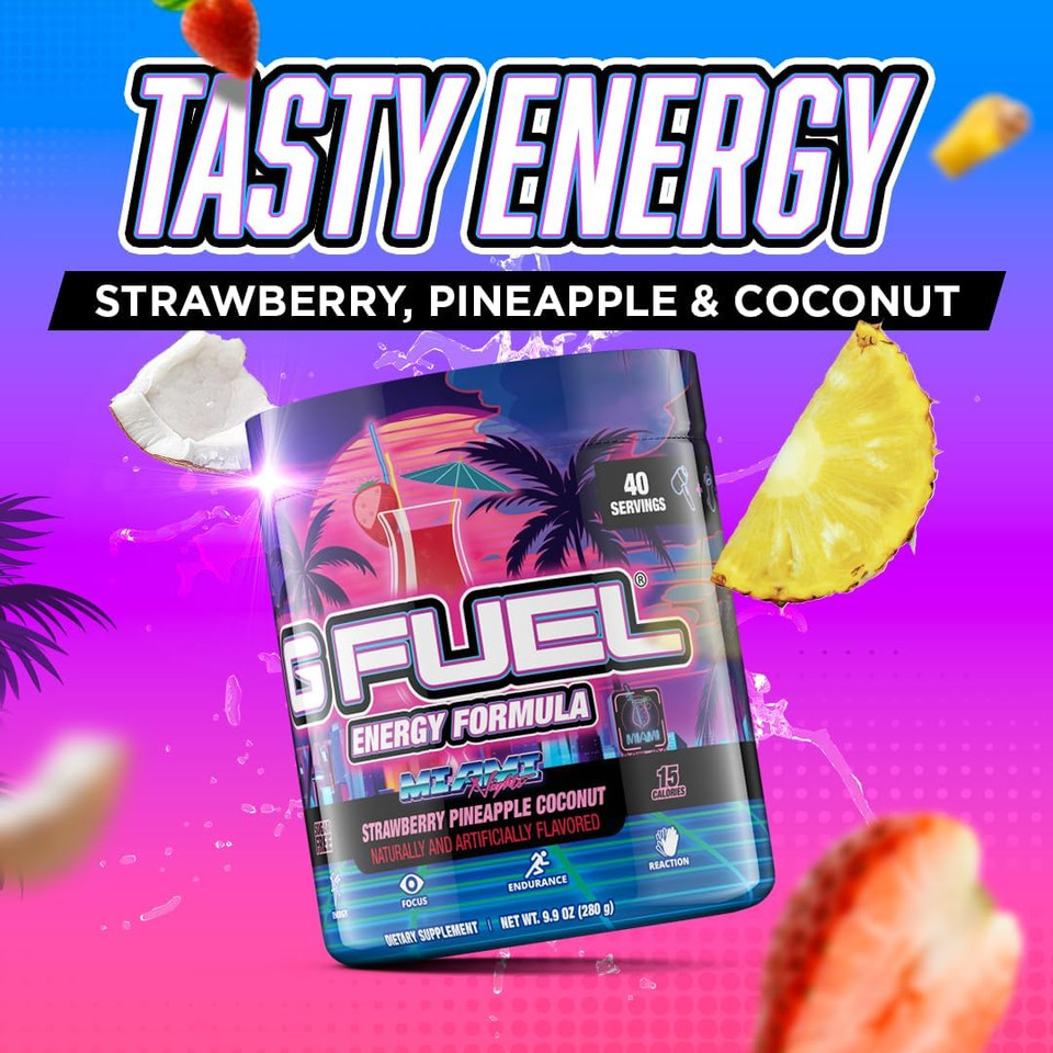 G Fuel Miami Nights Energy Drink Powder, Pre Workout Caffeine Mix For Gaming, Sugar Free Focus Amino, Vitamin + Antioxidants, 9.9Oz (Strawberry Pina Colada, 40 Servings)