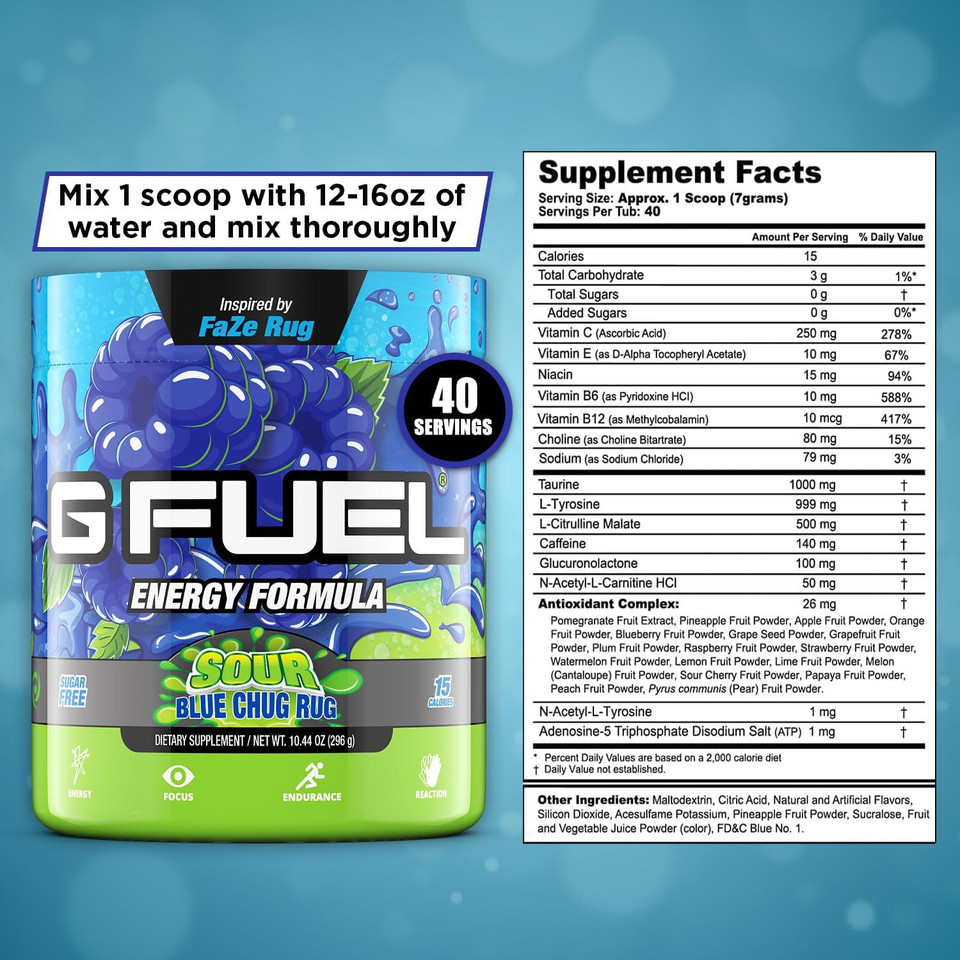 G Fuel Chug Rug Energy Drink Powder, Pre Workout Caffeine Mix For Gaming, Sugar Free Focus Amino, Vitamin + Antioxidants, 10.44Oz (Sour Blue Raspberry, 40 Servings)