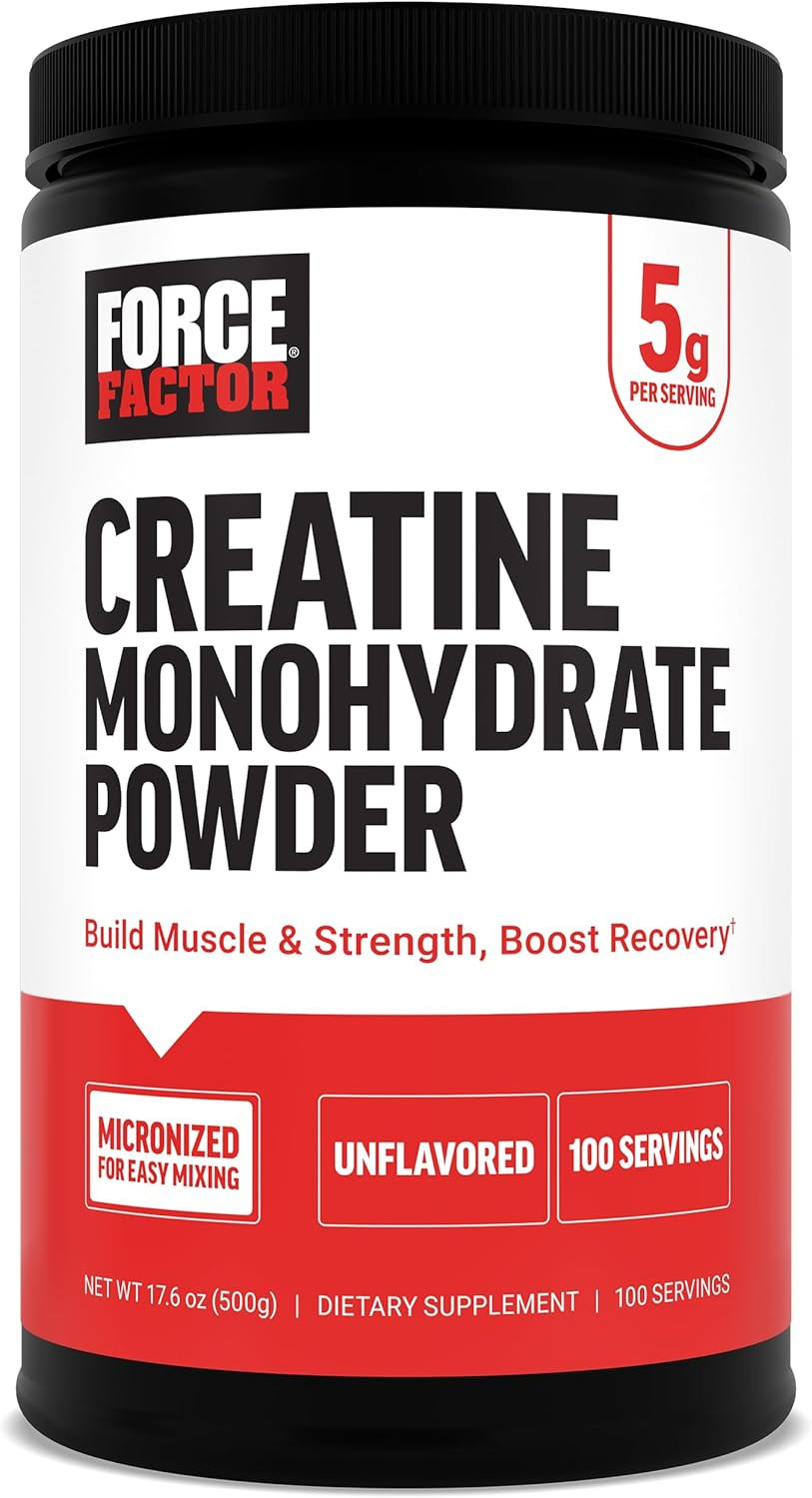 Force Factor Creatine Monohydrate Powder, 5G Micronized Dose To Support Muscle Growth, Strength, Recovery, Cognitive Health & Memory, Unflavored, 60 Servings