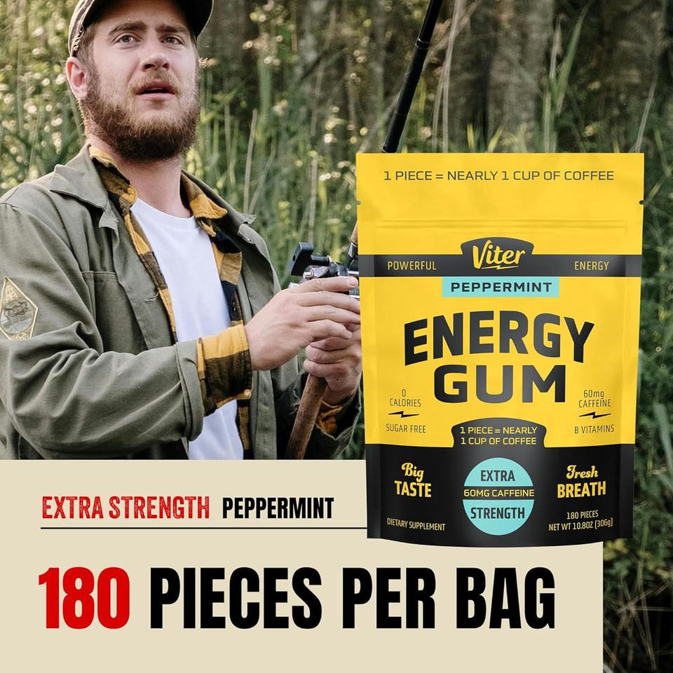 Viter Energy 60Mg Caffeine Gum (Peppermint Flavor, 180 Pieces) - Sugar Free, Vitamin B3, B6, B9, B12, Zero Calories, Caffeinated Energy Chews, Nootropic Focus Supplement For Men & Women