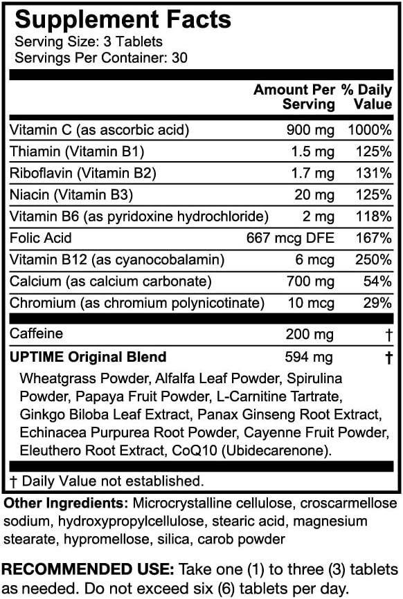 Uptime Maximum Energy Tablets - Premium Blend - 325Mg Natural Caffeine Per Serving, Calcium, Magnesium, Zinc, Coq10, 5-Htp, Zero Calories