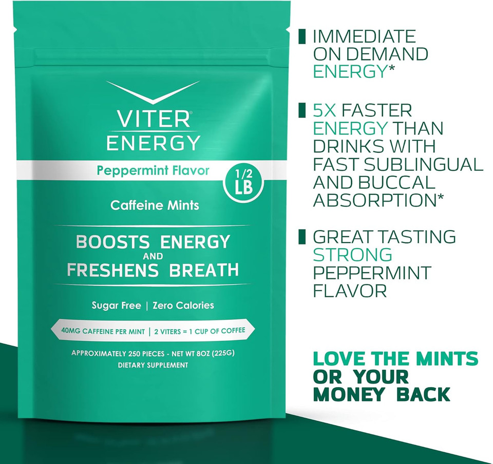 Viter Energy Caffeinated Mints 40Mg Caffeine, B Vitamins, Sugar Free. (Peppermint, 8Oz, Bulk Bag)
