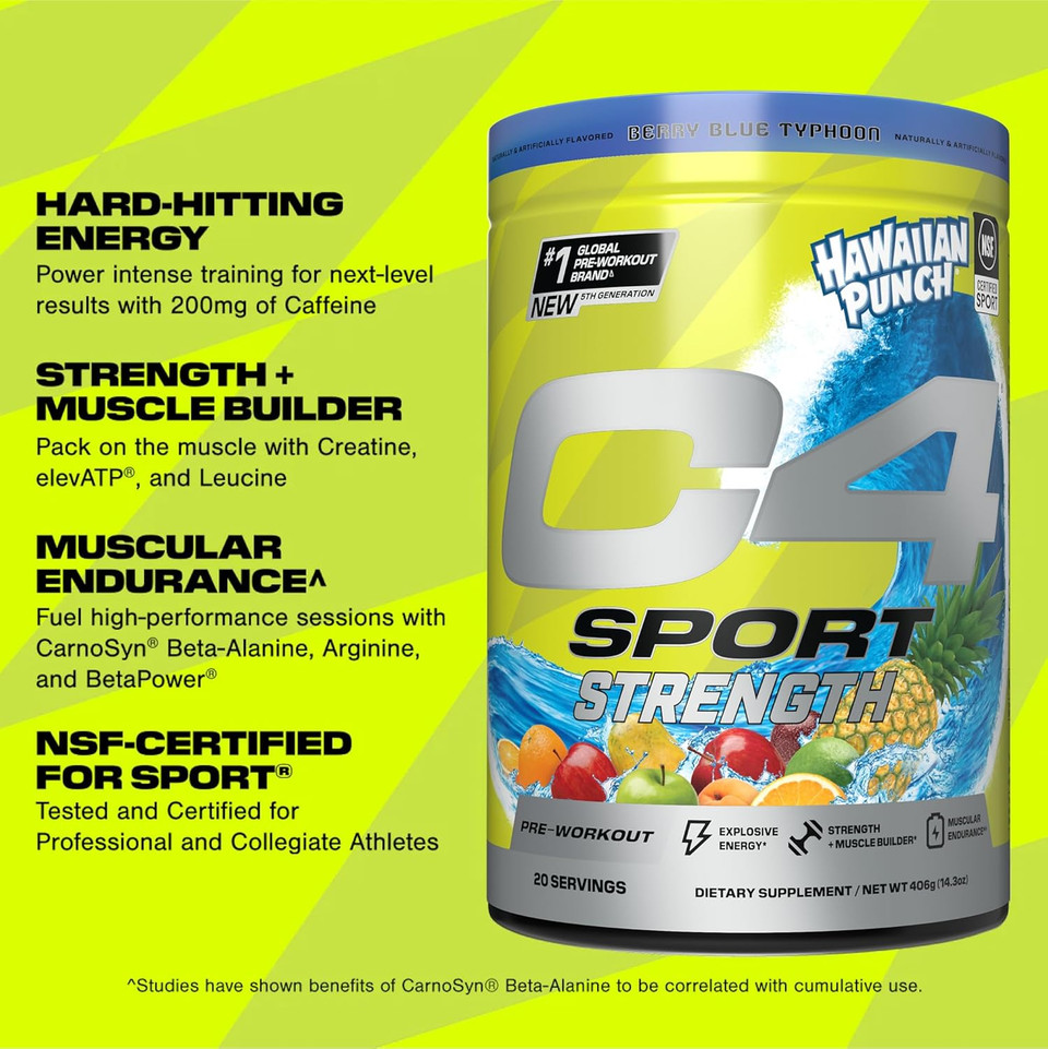 Cellucor C4 Sport Strength Pre Workout Powder - Nsf Certified For Sport - Beta-Alanine, Creatine, 200Mg Caffeine - Sugar Free Energy Supplement For Men & Women - Hawaiian Punch Berry Blue, 20 Servings