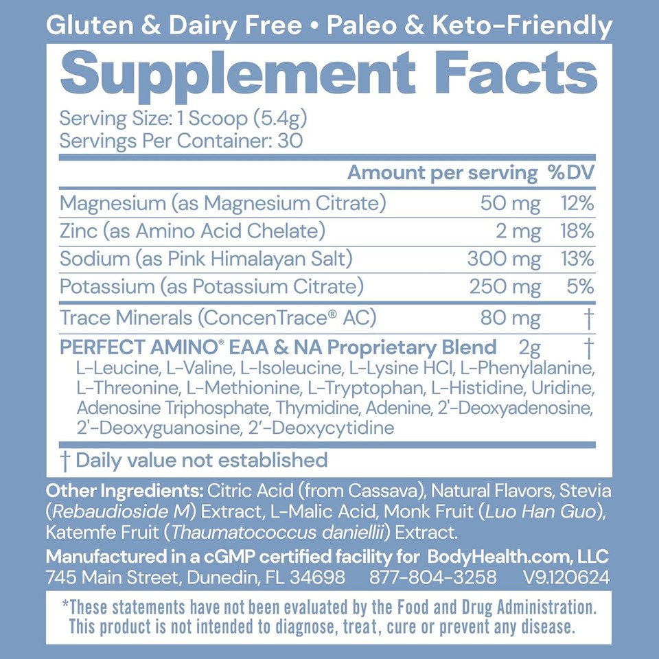 Bodyhealth Perfectamino Electrolytes Powder No Sugar, Keto Sugar Free Fasting Electrolytes Drink Mix, Hydration Powder With Trace Minerals - Mixed Berry - 30 Servings