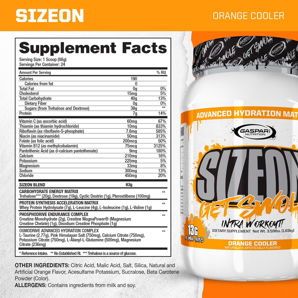 Gaspari Nutrition Sizeon, The Ultimate Hybrid Intra-Workout Amino Acid & Creatine Formula, Increased Muscle Volume & Muscle Recovery (3.59 Pounds, Orange Cooler)