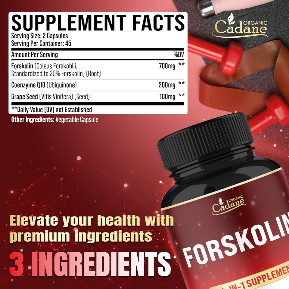 Organic Cadane Forskolin Supplement With Coenzyme Q10 & Grape Seed Extract | Supports Body Management & Energy | Vegan, Non-Gmo  90 Capsules  45-Day Supply