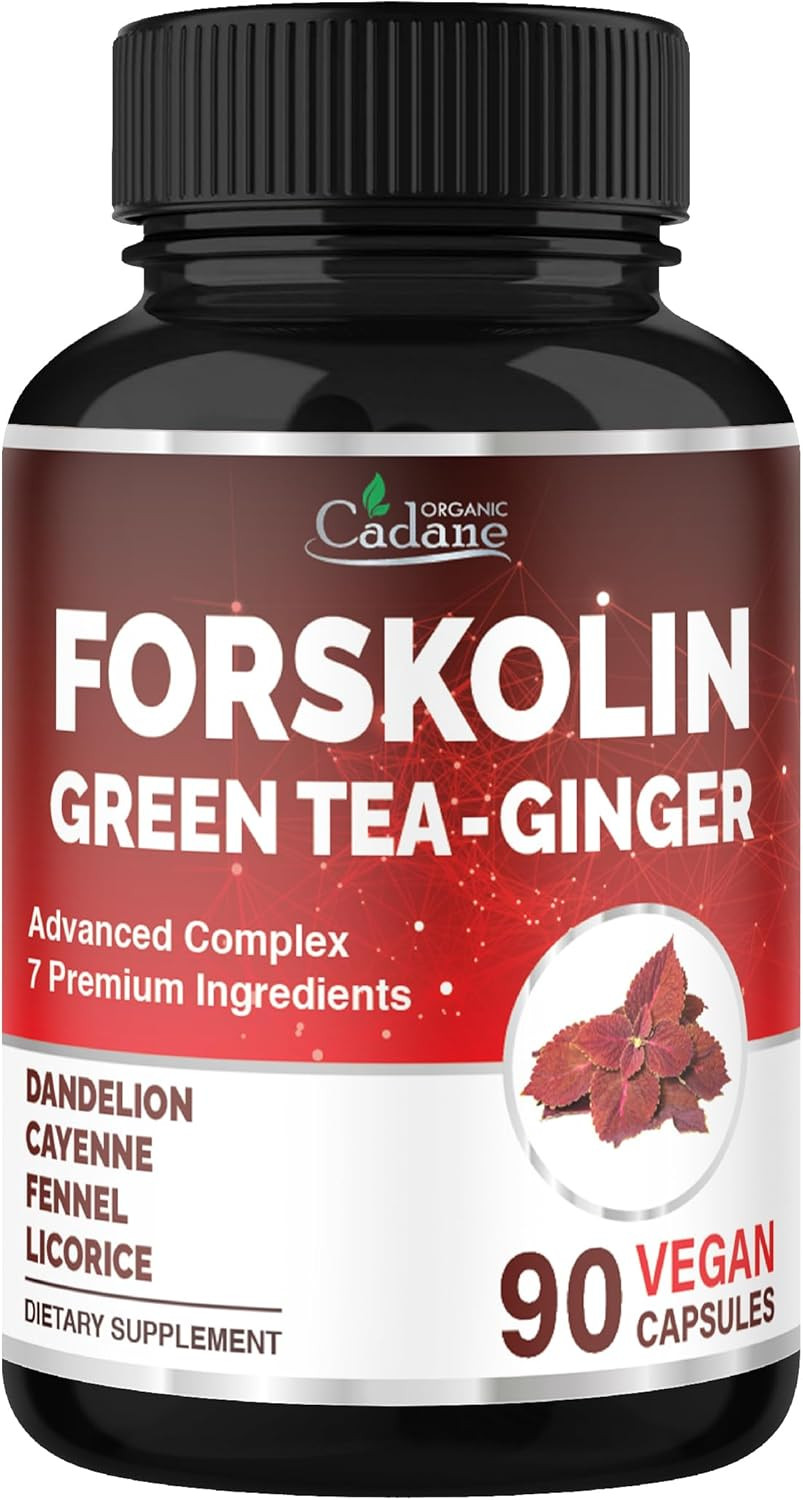 Organic Cadane Forskolin Supplement With Green Tea, Ginger, Dandelion, Cayenne, Fennel, And Licorice| Body Management & Energy Support | Vegan, Non-Gmo  90 Capsules  45-Day Supply