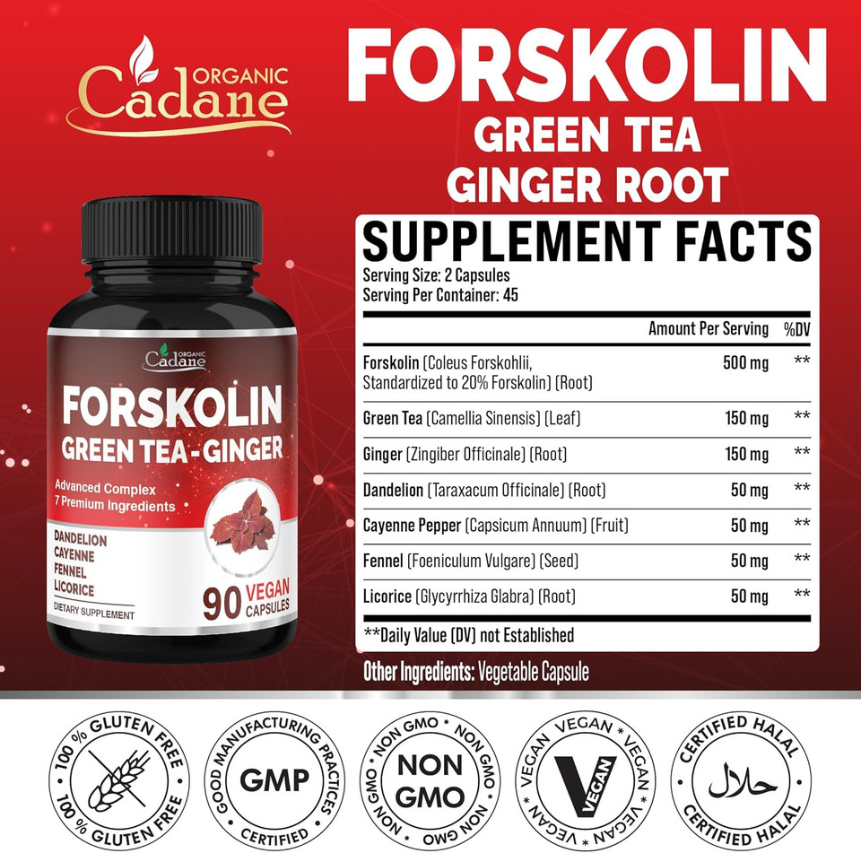 Organic Cadane Forskolin Supplement With Green Tea, Ginger, Dandelion, Cayenne, Fennel, And Licorice| Body Management & Energy Support | Vegan, Non-Gmo  90 Capsules  45-Day Supply