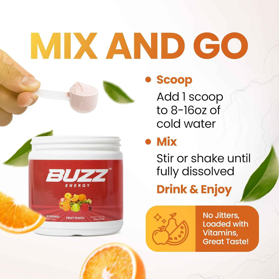 Morning Buzz Energy Drink Powder - Energy Boost Drink Mix - Sugar-Free Energy With Antioxidants - Morning Kickstart And Sports Nutrition Endurance Product - 30 Servings, Fruit Punch, 7.9 Ounces