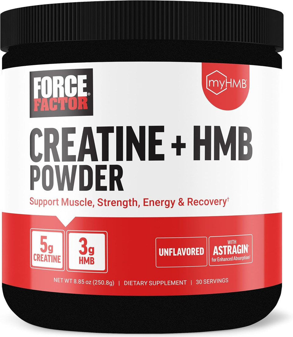 Force Factor Creatine Hmb Powder, 5G Creatine Monohydrate + 3G Myhmb For Muscle Growth, Strength, Energy & Recovery, With Astragin For Enhanced Absorption, Unflavored, 30 Servings