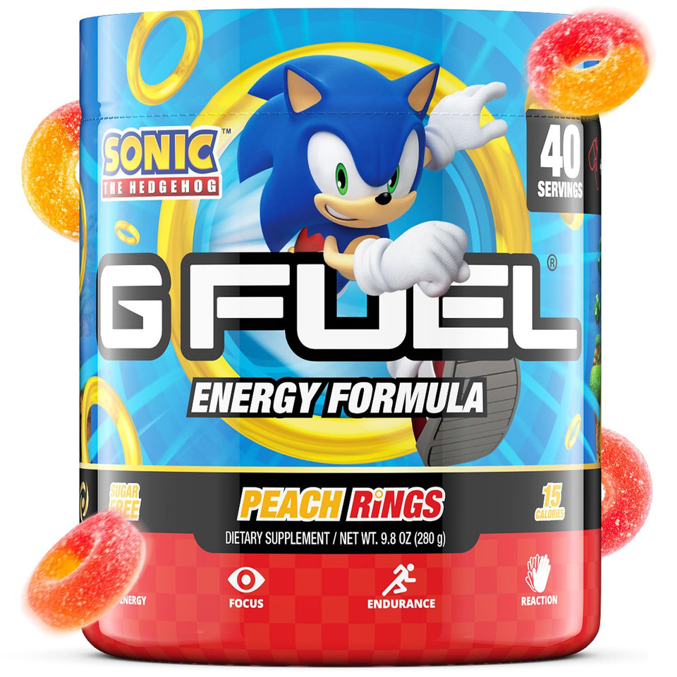 G Fuel Sonic Energy Drink Powder, Pre Workout Caffeine Mix For Gaming, Sugar Free Focus Amino, Vitamin + Antioxidants, 9.8Oz (Peach Ring Candy, 40 Servings)