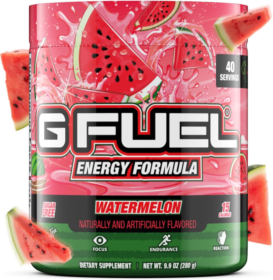 G Fuel Watermelon Energy Drink Powder, Pre Workout Caffeine Mix For Gaming, Sugar Free Focus Amino, Vitamin + Antioxidants, 9.9Oz (Watermelon, 40 Servings)