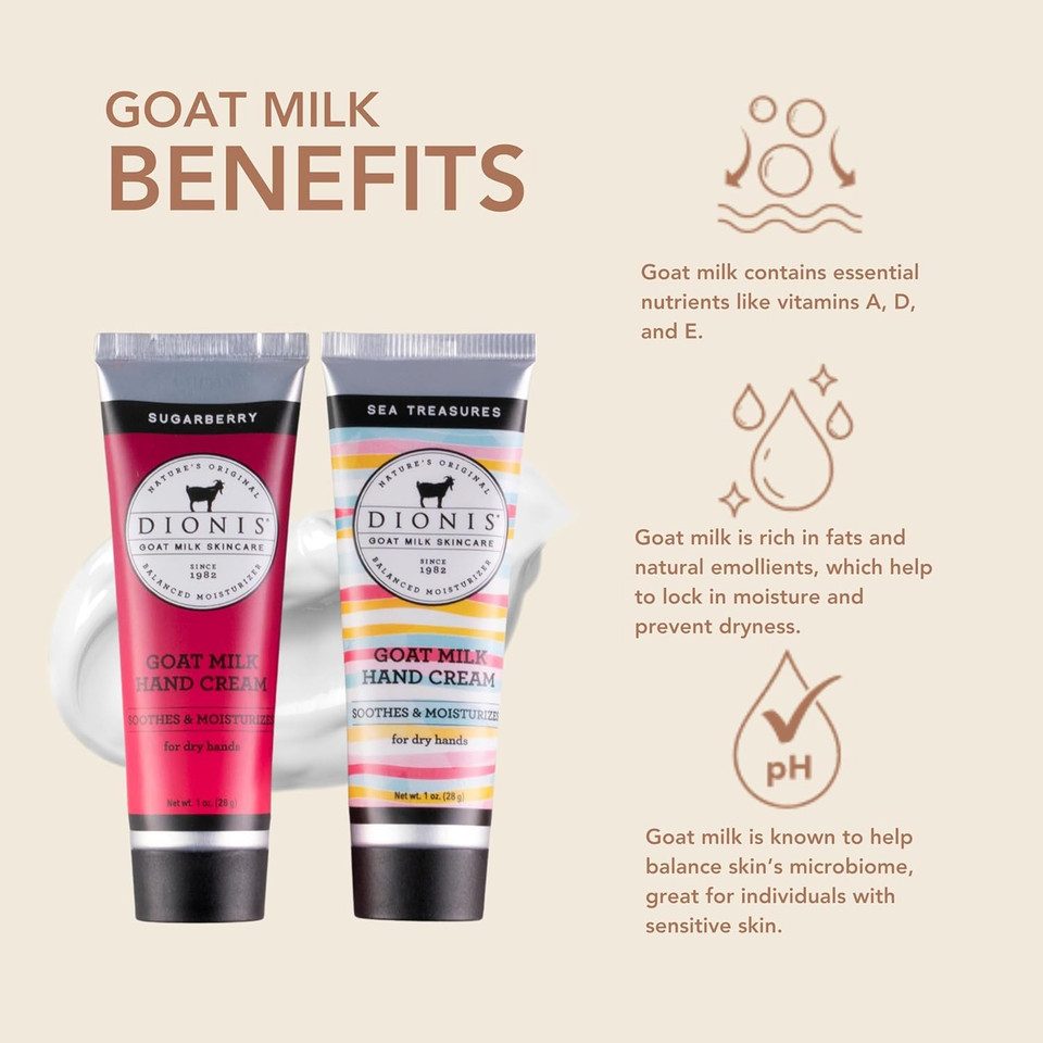 Dionis Goat Milk Skincare Berry Treasure Hand Cream Gift Set - Sugarberry & Sea Treasures Sweet Pea Scented Lotions To Soothe & Relieve Dry, Itchy Hands -Deeply Moisturize & Restore Skin, 2 1Oz Tubes